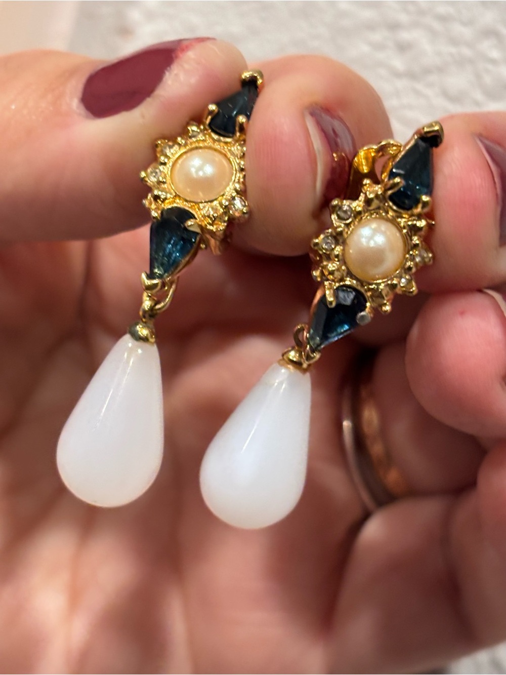 Vintage Gold-tone clip Earrings with Navy Enamel, Pearls and White Drops